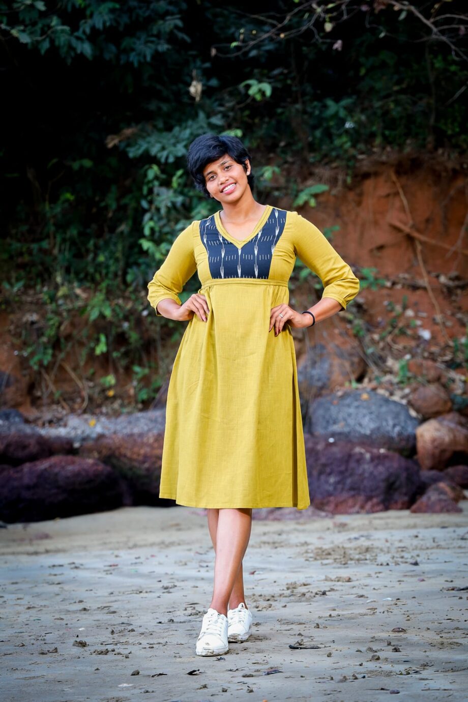 Sustainable Cotton Dress with Ikkat Neck York