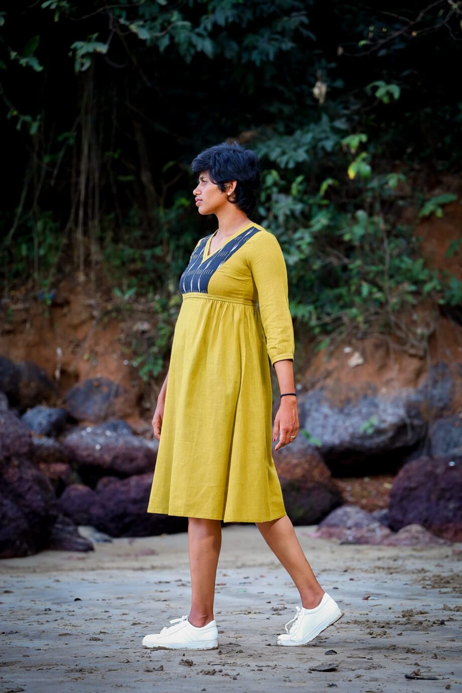 Sustainable Cotton Dress with Ikkat Neck York